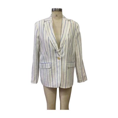 China Factory wholesale breathable women blazers casual light color stripe ladies coated blazer 100%linnen coats for sale