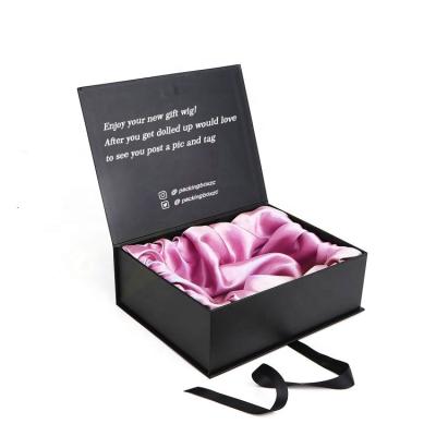 China Custom Design Logo Hair Extension Hair Wig Black Luxury Cardboard Folding Packaging Gift Box Recyclable Satin Coated for sale