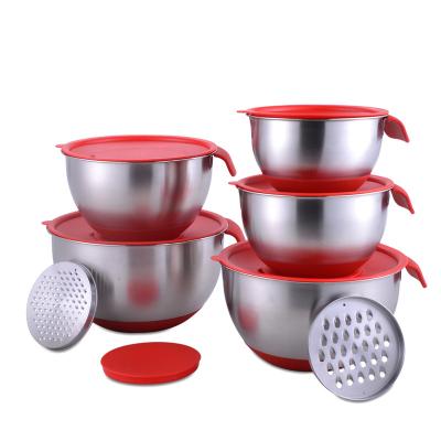 China Sustainable Kitchen Silicone Bottom Lid Stainless Steel Salad Mixing Bowl Set With Grater Handle for sale