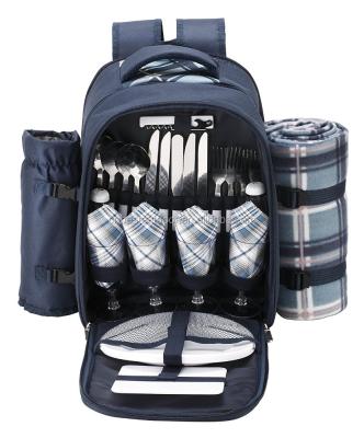 China Blue Softback Cooler Backpack 4 Person Picnic Backpack with Cooler Compartment, Detachable Bottle/Wine Holder, Fleece Blanket, Flatware and Dishes for sale