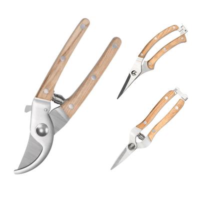 China Custom Logo Professional Pruning Shear Curved Anti-Slip Handle Stainless Steel Blade Garden Branch Scissors Tree Pruner Plants With Wood Handle for sale