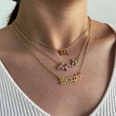 China TRENDY Old English Gold Plated Rhinestone Letter Zodiac Sign Ear Studs Bracelet Necklace Set for sale