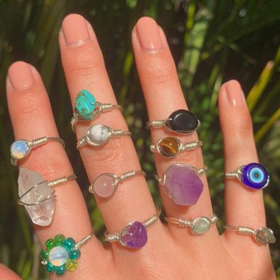 China Fashion New Arrival Hand Wire Wrapped Crystal Color Healing Rings Jewelry Natural Stone Women for sale