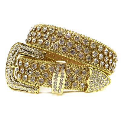 China New Design Western Bling Diamond Studded Men Belts Clear Crystal Rhinestone Studded Gold Leather Belt Cinto De Strass High Quality for sale