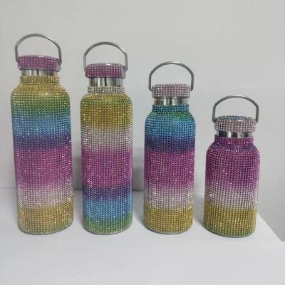 China Luxury bling bling colorful vacuum flasks full rhinestone newest styles PORTABLE rainbow thermos diamond bottle portable for sale