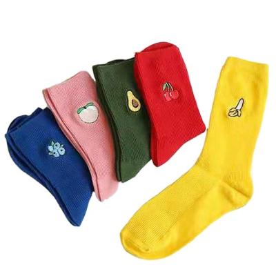 China Lovely Antibacterial Cotton Fruit Embroidered New Design Colorful Funny Girls Women's Long Socks Long Socks Colorful Socks for sale