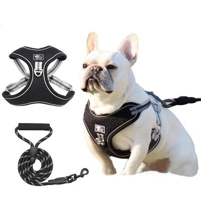 China Reflective Lights Dog Harness Vest With Lead Leash Collar Adjustable Polyester Mesh Harness For Large Dogs for sale