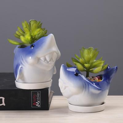 China Bonsai Animal Ceramic Desktop Pots Flower Vase Shark Succulents Cactus Cartoon Cartoon Shape Decorative Planter for sale