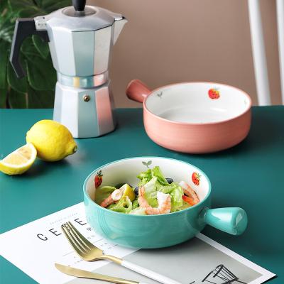 China Ceramic Salad Bowl Stocked With Handle Breakfast Cereal Fruit Bowl Solid Color Dessert Soup Noodle Bowl Microwave Oven Special for sale