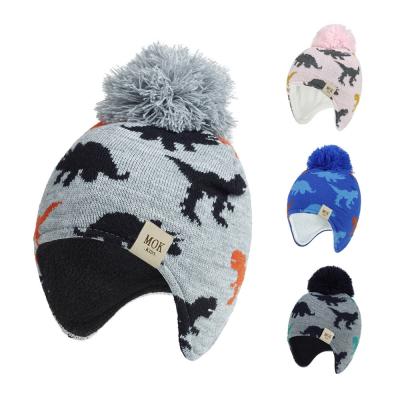 China Fashion\New Arrival Kids Acrylic Jacquard Fashion Comfortable\Durable Dinosaur Baby Knitted Hat And Scarf Set Winter Fleece Hat For Boy for sale