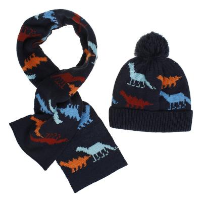 China Fashion\New Arrival Kids Acrylic Jacquard Fashion Comfortable\Durable Dinosaur Baby Knitted Hat And Scarf Set Winter Snood Neck Warmer For Boy for sale