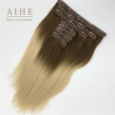 China Ombre Blonde Full Head Brazilian Natural Remy Human PU Seamless Clip In Pulled Simple Cheap Silky Straight Human Hair Extensions for sale