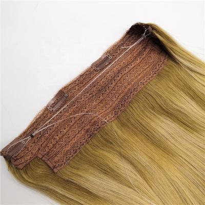 China Real human silky straight wave cheap blonde invisible wire best clip in hair piece halo hair extensions for sale