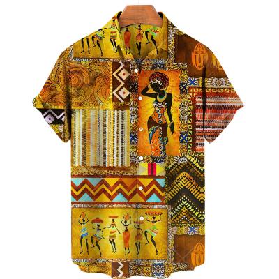 China Anti-Wrinkle Mens Shirt Vintage Ethnic Style Printing Loose Short Sleeve Casual Shirts Daily Wearing High Quality Office Blouse Man Shirt Dress for sale