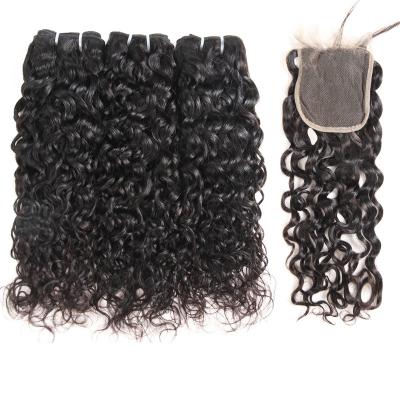 China Wholesale Raw Virgin Indian Hair Water Wave Water Wave Hair Weave Bundles With Lace Frontal Closure for sale