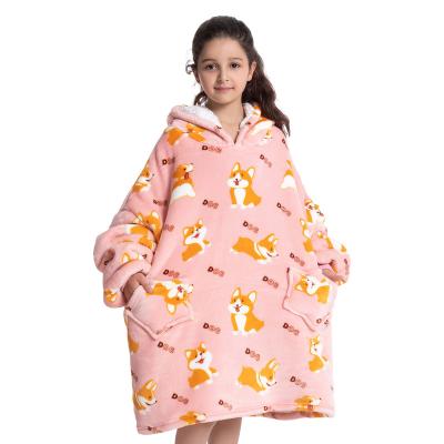 China Wholesale Custom Wearable Flannel Fleece Warm Corgi Sherpa Hoody Sweatshirt Kids Soft Oversized Thick Winter Wearable Covering Hoodie for sale