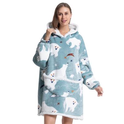 China Custom Wholesale Oversize Luxury Thick Adult Polar Bear Fleece Plush Sherpa Flannel Blanket Wearable Hoodie Wearable Unisex Winter for sale