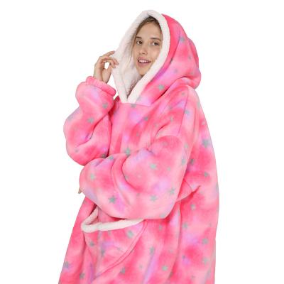 China Custom Wholesale Winter Wearable Oversized Pink Warm Thick Warm Adults Fleece Plush Sherpa Flannel Covering Hoodie Wearable for sale