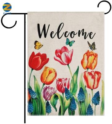 China Hanging Garden Flag 12x18 Inch Welcome Double Sided Decorative Tulips Butterfly Small Yard Garden Flags For Outdoor Decorations for sale