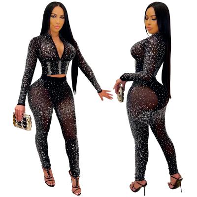 China 2021 Rhinestone Top Nightclub QUICK DRY Two Piece Party Long Pants 2 Piece Sleeve Set Women Clothing for sale