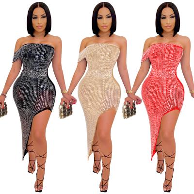 China Hot newcomer fashion summer drill ladies evening club dress anti-static diamond off the shoulder dress for sale