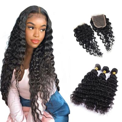 China Factory Price Wholesale High Quality Deep Wave 3 Bundles Brazilian Deep Wave Mink Hair With 4x4 Lace Closure Hair Products For Black Women for sale