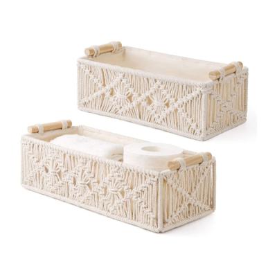 China 100% Handmade Handwoven Storage Basket Decorative Macrame Baskets with Wooden Handles for Bathroom Living Room for sale