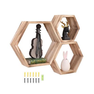 China Foldable Custom Wooden Hexagon Floating Shelves Wall Mounted Hexagonal Honeycomb Wall Shelf 3 Pcs Set for sale