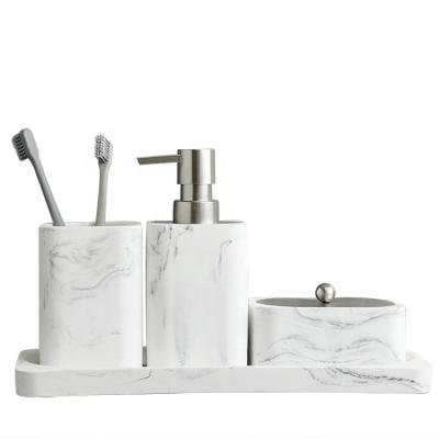 China Nordic White Marble Stone Decor Bathroom Accessories Stocked Set Soap Dispenser Cotton Box Toothbrush Holder Tray 4 Pcs Bathroom Set for sale