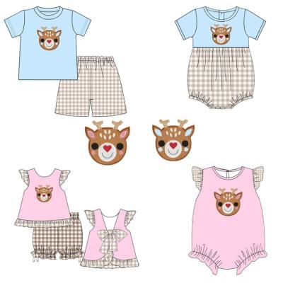 China Hot Sale Polyester/Cotton Summer Baby Reindeer Applique Romper Style Casual Toddler Boys Gingham Plaid Rompers Boy Bubble for sale