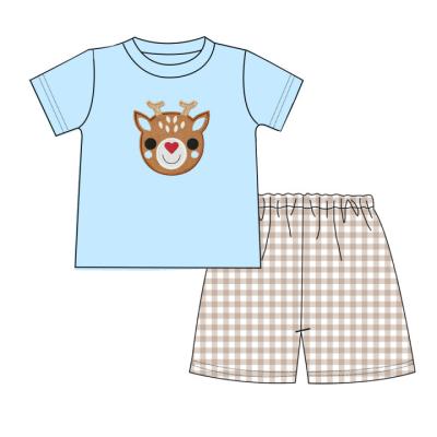 China High Quality Casual 2 Pcs Sets Girls Outfit New Arrival Baby Clothing Embroidered Reindeer Applique Summer Kids Boy Sets for sale