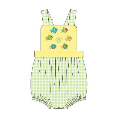 China Factory New Arrival Polyester Fish Applique Kids Clothing Green Gingham Baby Boy Romper Newborn Bubble Cotton/OEM Factory New for sale