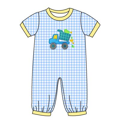 China High quality car applique romper baby clothing boutique valentine's day baby boy short romper baby boy romper for sale