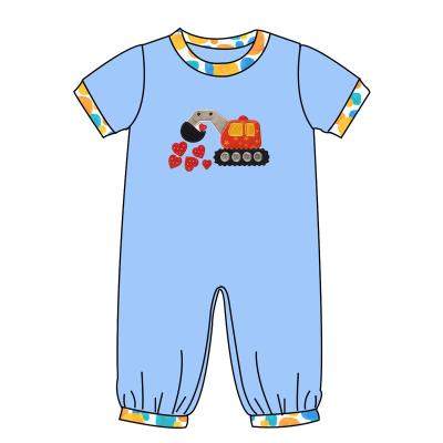 China Newest Design Polyester/Cotton Valentine's Day Baby Clothing Boutique Excavator Romper Baby Boy Short Sleeve Romper for sale