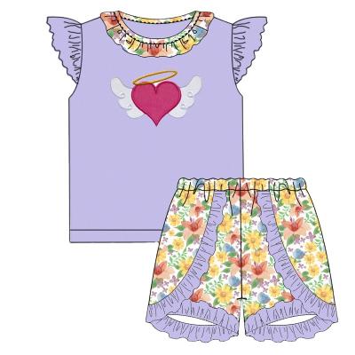 China Valentine's Day Boutique Girl Outfit Floating Casual Sleeves Ruffles Dress With Print Defeat Baby Dress Set for sale