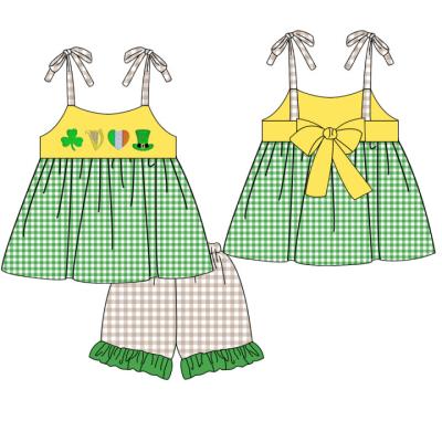 China New summer girls casual boutique clothing sets St. Patrick's Day embroidery cotton children kids ruffle bow outfit girls outfits for sale