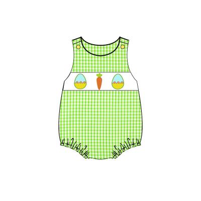 China 2022 Polyester/Cotton Easter Baby Boy Clothes Green Gingham Summer Bubble Eggs Sleeveless Applique Rompers for sale