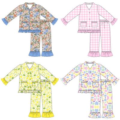 China Hot Sale Kids Ruffles Casual Hot Girl Suits Pink Gingham Sleepwear Piping Boutique Designer Two-Piece Set Pajamas for sale