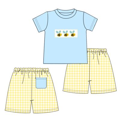 China Casual online customization 1-14 years old summer handsome two-piece bee applique cotton seersucker gingham clothes boy outfits yellow for sale