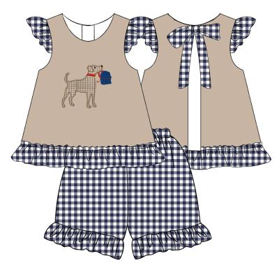 China Wholesale New Style Casual Outfits Boutique Goods E-commerce Dog Applique Hive Shorts Girls Gingham Bow Summer Girl Outfits for sale