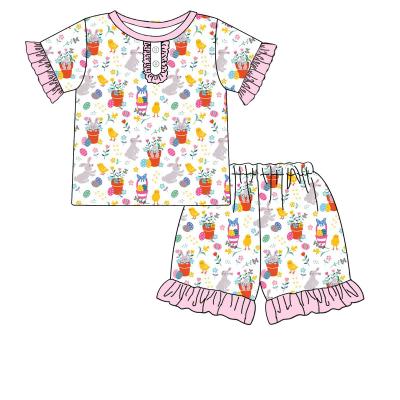 China Casual Hot Selling Easter Ruffles Pajamas Fashion Cute Rabbit Printing Nightgown Girls Kids Sleepwear Wholesale Sets for sale