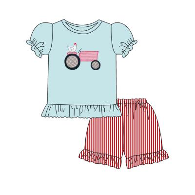 China Custom high quality boutique kids casual hot sale Maxine cock applique ruffles shorts shorts outfits lovely girls sets for sale