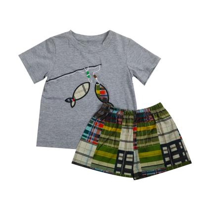 China New Design Summer Casual Wholesale Maxine Kids Costume Custom Fish Applique Outfits Plaid Shorts Boy Sets for sale