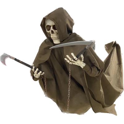 China Hot Selling Styrofoam + Plastic + Metal + Hanging Plastic Skull Reaper Fabric Product Halloween Room Decorations 2.1m With Double Scythe for sale