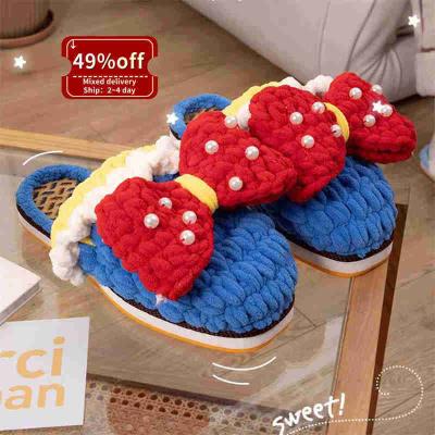 China Lovely Teddy Bear DIY Self-woven Indoor Cute Warm Slipper Handmade Material Wool Crochet Cotton Home Slippers Bag Fashion Trend Furry Bear for sale