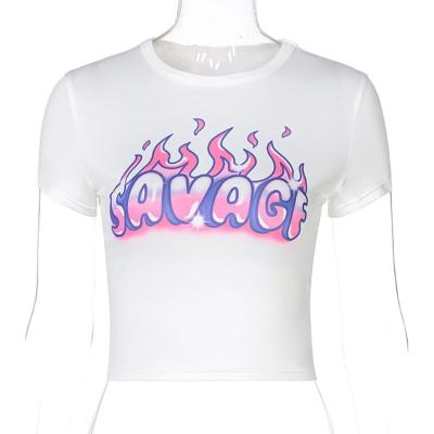 China 2021 New Anti-pilling Tops For Girl All Match Round Neck Shorts Sleeve Casual Sexy Flames Printed Crop Tees for sale