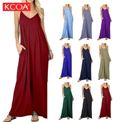 China Wholesale Viable Lady V-Neck Summer Fashion Women Gril Sleeveless Loose Ladies Pocket Long Casual Maxi Dress for sale