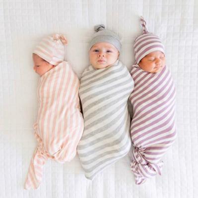 China Baby Viable Unisex Stripe Tank Top Cotton Wrap Infant Blanket and Hat Set Wraps Newborn Sleep Receiving Cloth for sale