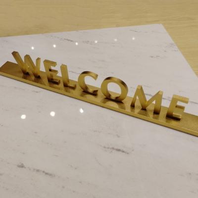 China Buildings Gold Color Metal Table Top Sign Metal Decorative Letters Stand Free Reception Sign for sale