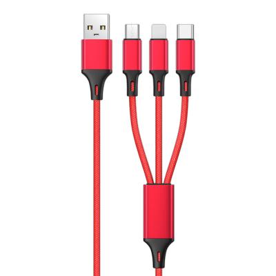 China High Quality Drag Three Mobile Phone MP3/MP4 Player Braided Wire One Charging Cable Fits Type C Mobile Phone Apple Android Fast Char for sale